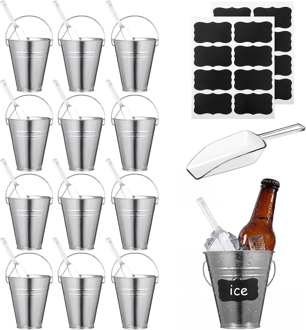 Harloon Galvanized Metal Bucket Set 12 Mini Metal Beer Pail with Handle 12 Clear Plastic Ice Scoops 16 Blackboard Stickers Silver Tin Bucket for Party Wedding Pool Candy Popcorn Snacks Storage