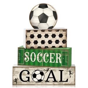 Moucuny 4 Pcs Soccer Party Decorations Soccer Table Centerpiece Football Tiered Tray Decor Wooden Ball Block Signs Gift Sports Themed Table Decorations for Boys Baby Shower Party Supplies Decor