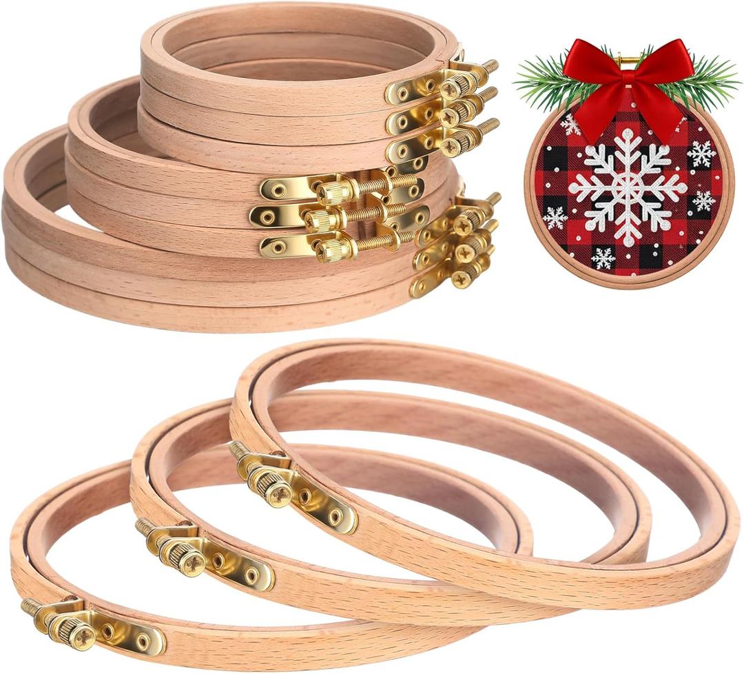 DoubleFill 9 Pcs Beech Wood Embroidery Hoops Sizes from 7 inch to 9 inches Frame Beech Wood Circle Rubber Hoops Ring Hanging Display Cross Stitch Ornament Gift Kits for Craft Sewing Gifts