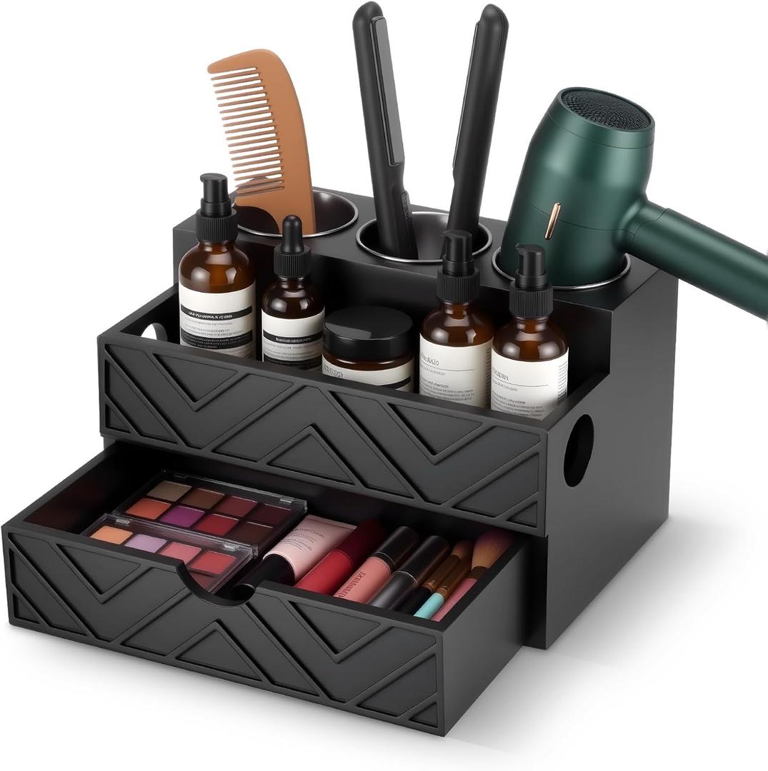 Hair Tool Organizer with Drawer, Hair and Makeup Bathroom Vanity Organizers and Storage Fits Blow Dryer, Curling Iron, Makeup Brushes, Skincare, Hot Tools Organizer for Tidy Counter(Black)