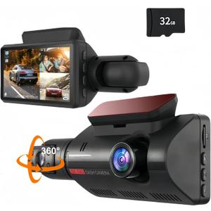 360 Rotating Dual Dash Cam for Cars, 2 Channel Front and Inside Car Camera with 1440P, 170 Wide Angle, Night Vision, Built-in WDR, Free 32GB Card