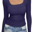 REORIA Womens Long Sleeve Tops Ribbed Knit Scoop Neck Slim Fitted Casual Basic Tee Shirts for Women Fashion Trendy 2026(Navy Blue Small)