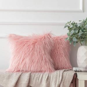 Ashler Decorative Throw Pillow Covers, Luxury Fluffy Faux Fur Pillowcases Soft Cushion Covers, Pack of 2 for Sofa Bedroom and car, 18 x 18 inches, Pink