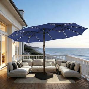 15FT Patio Umbrella with Solar Lights, Double-Sided Extra Large Outdoor Table Umbrella with Base Included, Heavy-Duty 12 Iron Ribs Market Umbrella for Garden, Pool, Backyard, Navy Blue