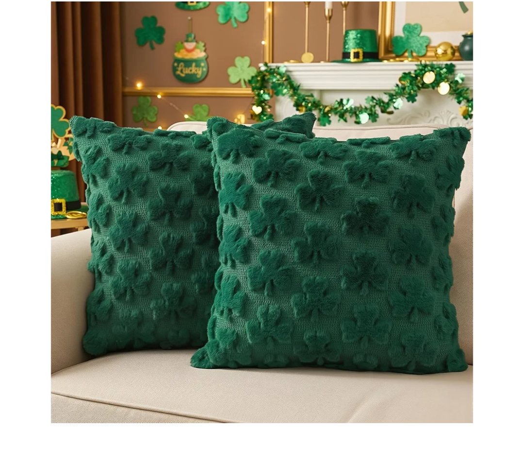 St Patricks Day Pillow Covers 18x18 Inch Set of 2, St Patricks Day Decorations Green Shamrock Soft Plush Faux Fur Jacquard Throw Pillows for Couch Sofa Home Office Living Room Bedroom Decor