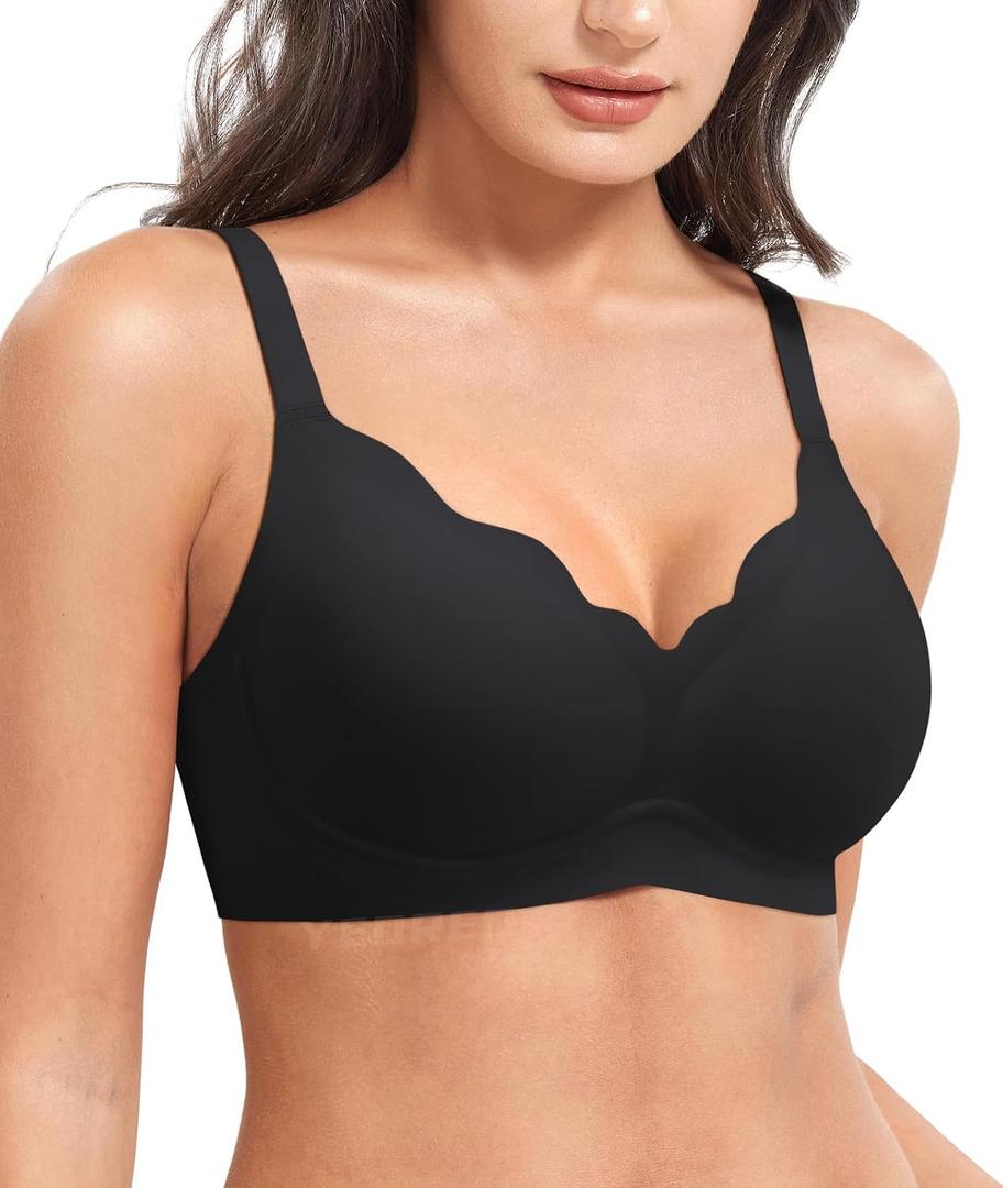 YEOREO Womens Wireless Bras Push Up Full Coverage Bra No Underwire Seamless Comfortable Scalloped Supportive Bralette Black S (Black, S)