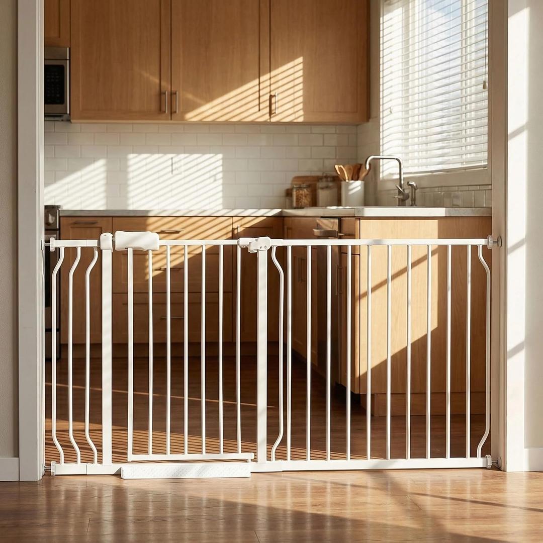 Extra Wide Baby Gate - 62-67 Inch Tension Mounted Safety Child & Pet Gate - White Metal - Walk Through - Long - for House Doorways & Stairs