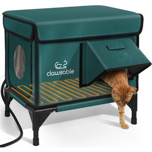 Indestructible Heated Cat House for Outside Winter, 100% Waterproof, Safe Escape Door, Insulated Outdoor Cat Shelter with Heater for Feral Barn Cat Kitty (Forest Green, 12"x16"x18")