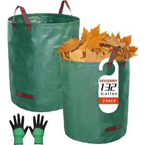 2-Pack Extra Large Yard Waste Bags, 132 Gallon Reusable Garden Bags with Gardening Gloves, Heavy Duty Leaf & Lawn Chute, Collapsible Clean-up Containers for Debris, Camping & Recycling