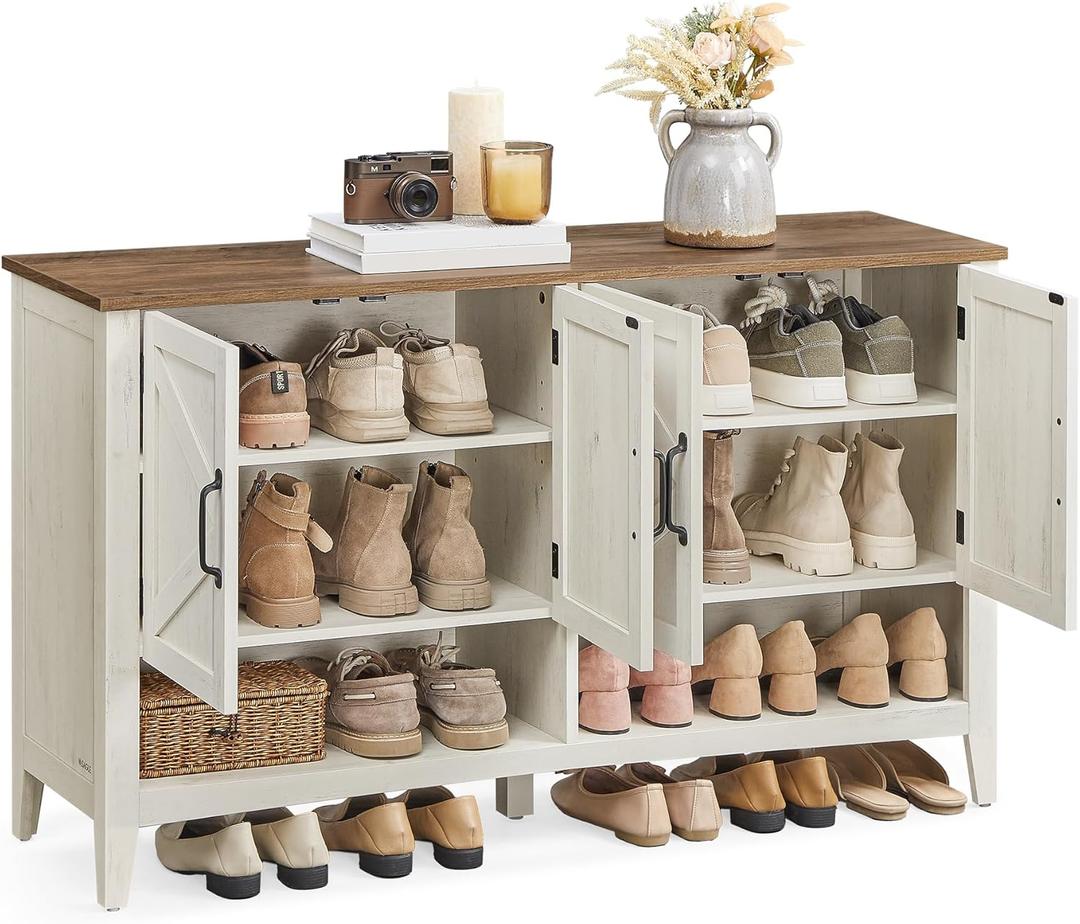 VASAGLE LIRY Collection - Shoe Cabinet, 3-Tier Storage Organizer, Shoe Shelf, Farmhouse Freestanding Cabinet, Height-Adjustable Shelf, 13.8 x 47.2 x 27.6 Inches, Rustic White ULBC039W01