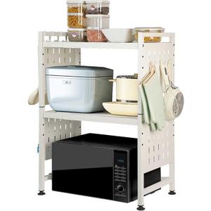 Expandable Microwave Stand Countertop, 3 Tier Heavy Duty Over Microwave Shelf Countertop with 4 Hooks, Height Adjustable Metal Microwave Oven Rack Shelf for Kitchen Tabletop,Holds 160lb,White