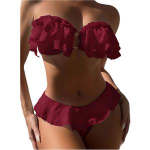 SweatyRocks Women's 2 Piece Bandeau Swimsuit Ruffle Trim Ring Bikini Set Strapless High Cut Bathing Suit, Size M