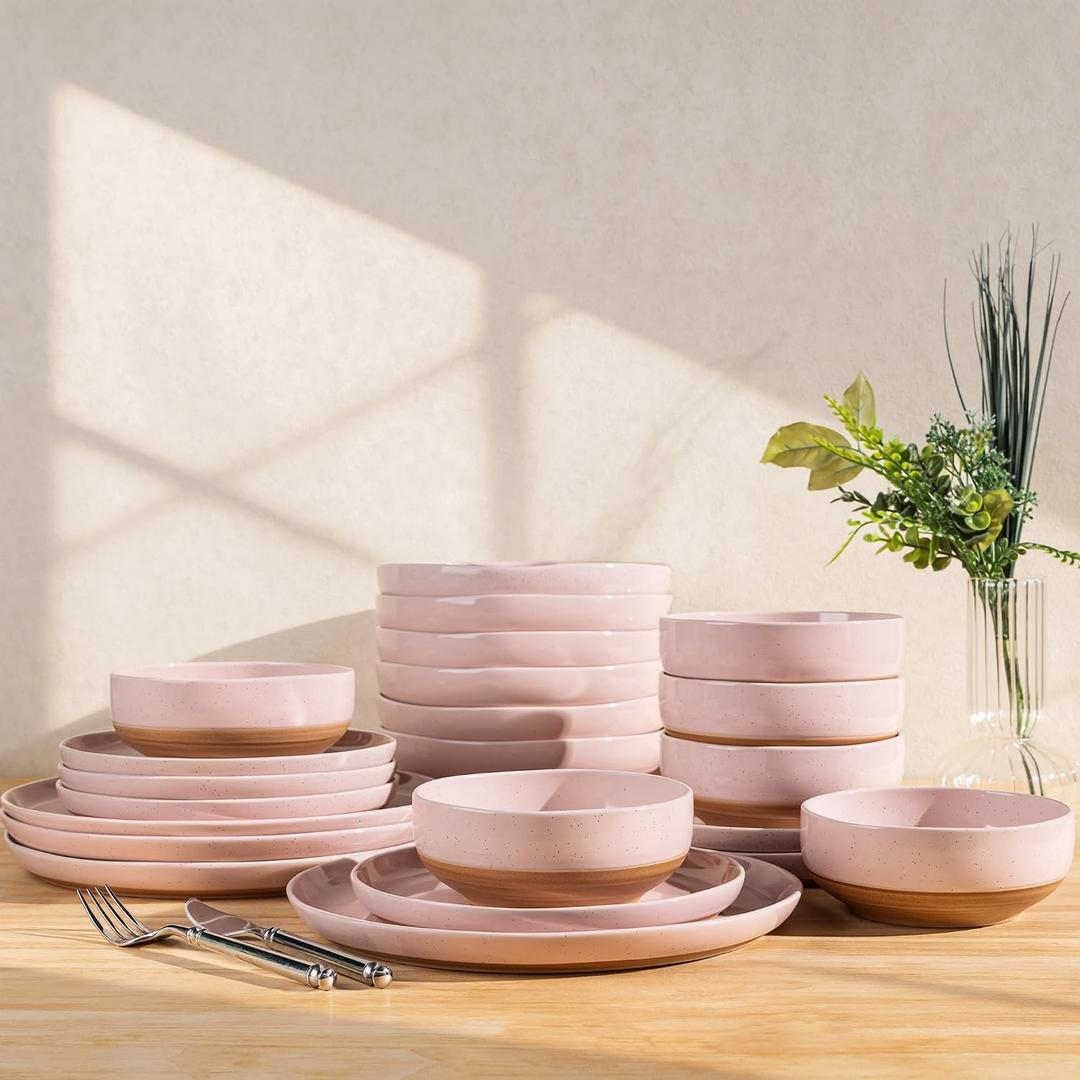 GBHOME 24-Piece Ceramic Dinnerware Set for 6, Handpainted Plates, Pasta Bowls & Bowls Set with Rustic Terracotta Underside, Scratch-Resistant, Dishwasher & Microwave Safe,Speckled Glaze Pink