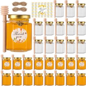BIGIVACA 4 oz Hexagon Mini Glass Honey Jars with Wood Dippers,30 Pack Small Honey Jars with Gold Lids,Bee Pendants,Jutes,35 Bee Stickers,Perfect for Baby Shower,Wedding Favors,Party Favors