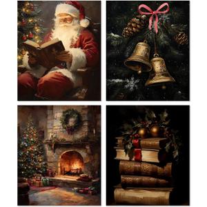 XUNLURY Vintage Moody Christmas Diamond Art Kits 4 Pcs, Dark Academia Santa Books Fireplace Xmas Bell Diamond Painting Kits for Adults Beginners, Full Drill Diamonds Dots for Home Decor, 9.8x11.8 Inch