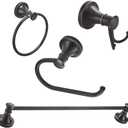 BESy Oil Rubbed Bronze 4 Piece Bathroom Accessories Set (Single Towel Bar, Towel Ring, Toilet Paper Holder, Double Towel Hooks), Wall Mounted Bath Hardware Accessory Fixtures Set
