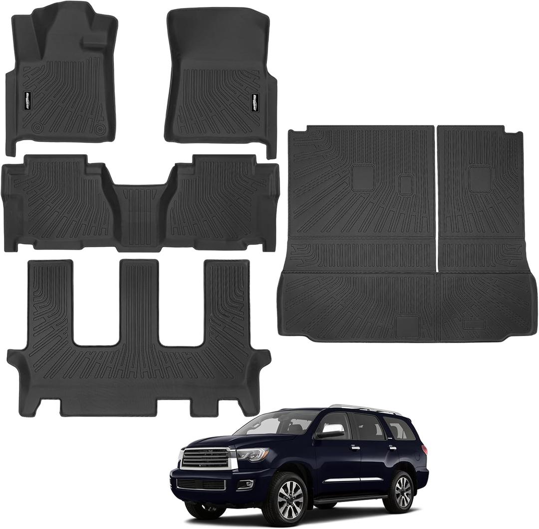Floor Mats for Toyota Sequoia 2012-2022 (with 2nd Row Bench Seats), Trunk Mat and Backrest Mat All Weather TPE Protector for Toyota Sequoia Accessories (Not for 2nd Row Captain Seats)