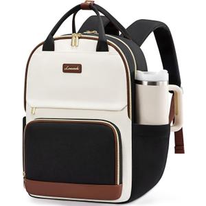 LOVEVOOK Laptop Backpack for Women with Giant Tumbler Holder Pocket, 15.6 inch Travel Work Backpack Purse for Teacher Nurse, Waterproof College Book Bag Cute Casual Daypack, Beige-Black-Brown