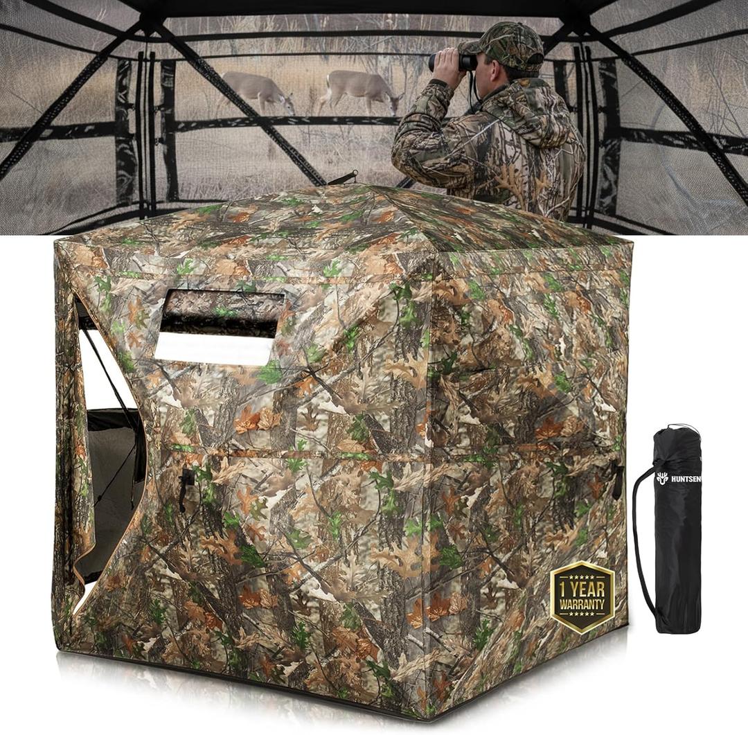 HUNTSEN Hunting Blind 270 Degree See Through Ground Blind - 2-3 & 3-4 Person Pop Up Deer Blind for Hunting with Carrying Bag - 300D Reinforced Portable Durable Blind for Turkey and Deer
