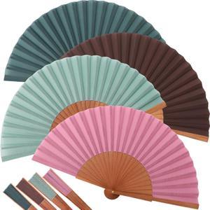 Blulu 4 Pieces Handheld Silk Folding Fan for Women Pear Wood Spanish Chinese Hand Fans Folding Vintage Crafts for Renaissance Fairs,LARP,Steampunk, Medieval,Viking,Cosplay Costumes(Forest Pink)