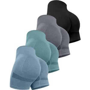 CHRLEISURE Women's 4 Packs Workout Gym Shorts, High Waisted Butt Lifting Scrunch Butt Seamless Booty Shorts (Medium, 4 Packs (Black, Dark Gray, Forestgreen, Blue))
