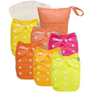 ALVABABY 2.0 AWJ Lining Cloth Diaper with Tummy Panel for Babies, 6 Pack Diapers and 6 Inserts with One Wet Dry Bag, Adjustable Washable Reusable for Baby Girls and Boys 6WJT01A-L