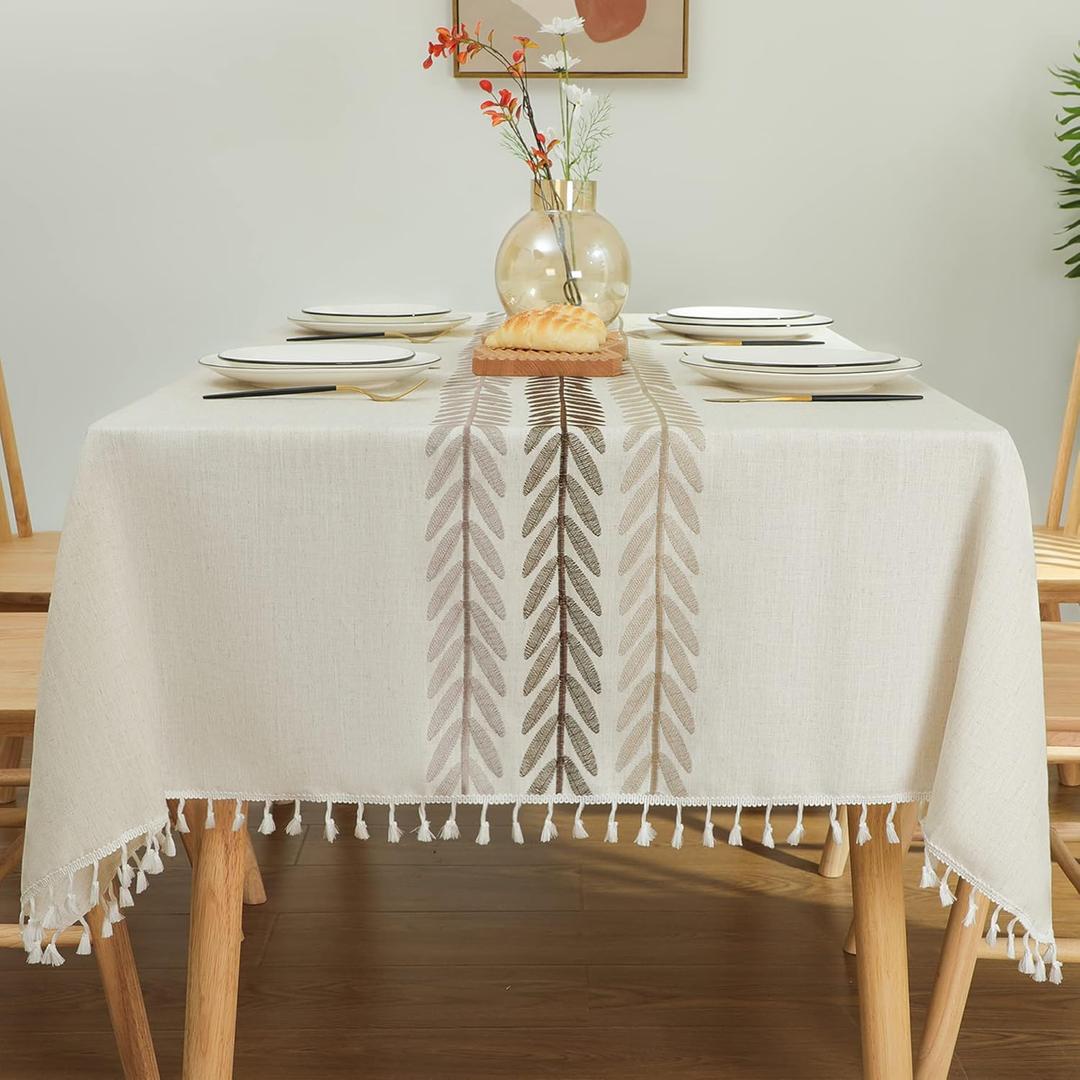 Laolitou Tablecloth for Dining Table Rustic Farmhouse Kitchen Tables Cloth Coffee Table Cover, Cotton Linen Fabric Small Rectangle Tablecloths, Beige, Leaf, 55x102 Inch