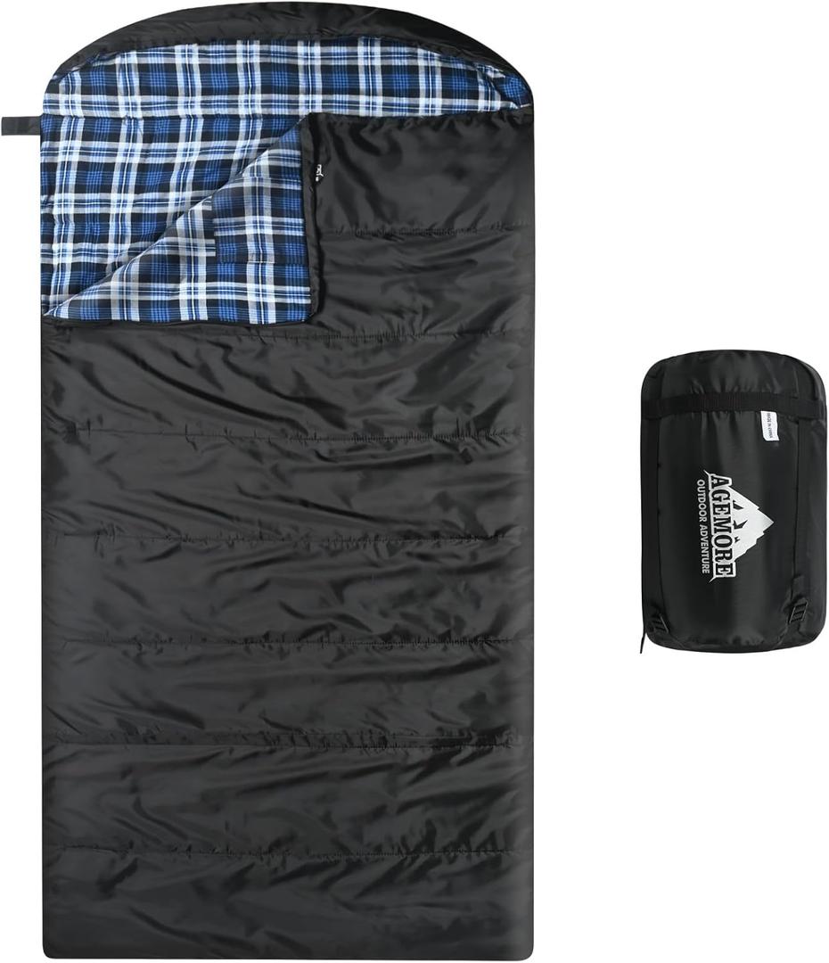 AGEMORE Cotton Flannel Sleeping Bag for Adults, Lightweight XXL Cotton Sleeping Bag for Camping Backpacking or Hiking, Water Resistant 3-4 Season Sleeping bag for Warm & Cool Weather (Black/ Blue)
