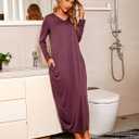 Marvmys Women Cotton Long Nightgowns Long Sleeves Nightshirts V Neck Full Length Sleep Shirts with Pocket (XL)