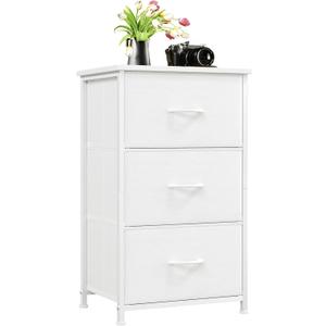 Somdot Dresser for Bedroom with 3 Drawers, Storage Organizer Chest of Drawers with Removable Fabric Bins for Closet Bedside Living Room Laundry Entryway Hallway, White Leather, 11.8"D x 16.5"W x 28.1"H