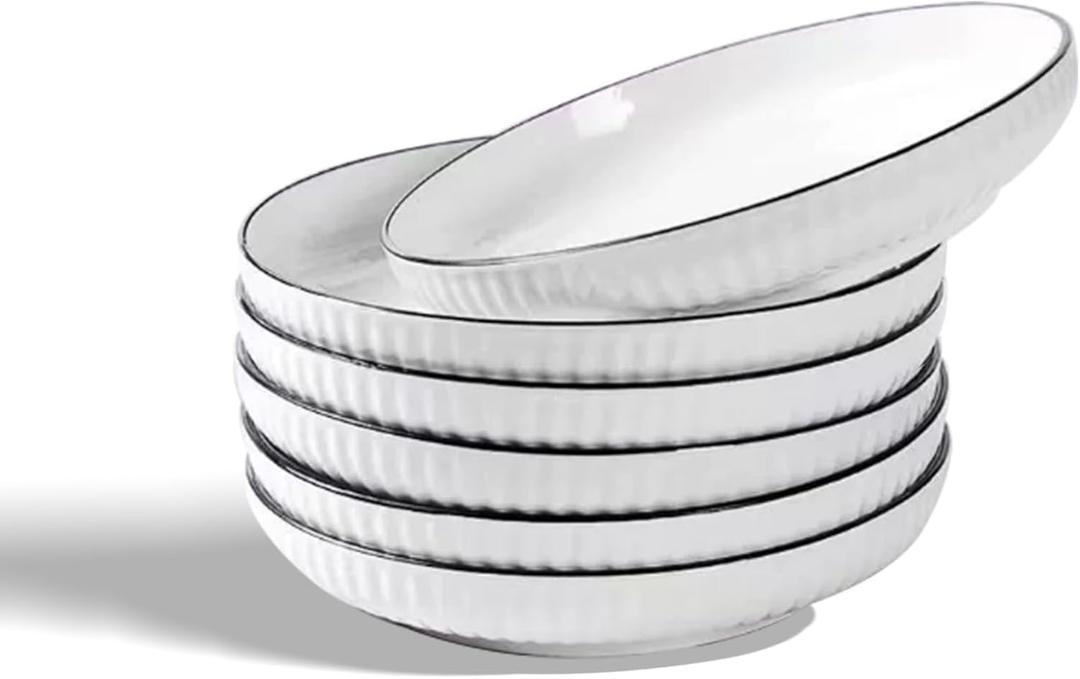 Ceramics Pasta Bowls, 6 Pack 8 inches 20 Oz Large Salad Serving Bowls, Shallow Salad Bowls,ceramics Deep Plates,Microwave Dishwasher Safe,White (vertical stripe)
