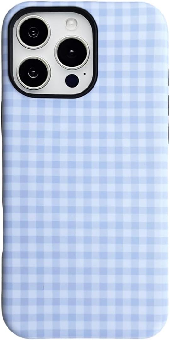 Magnetic Gingham Checkered Case for iPhone 13 Pro Max 6.7 inch [Compatible with MagSafe],Cute Aesthetic Trendy Plaid Striped Retro Chic Girly Hybrid 2 Layers Protective Cover Blue White