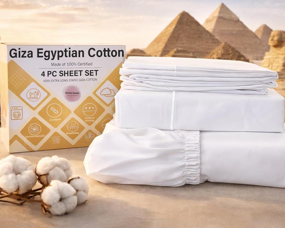 MyGiza Sheets,100% Certified Giza Egyptian Cotton Sheets-Full XL Extra Long Size Giza Cotton Sheets Set to Fit Upto 15 Inches Deep Mattress (4 Pcs) White