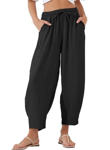 EVALESS Women's Summer High Waisted Baggy Pants Casual Ankle Length Trouser Slacks with Pockets Black, 2XL