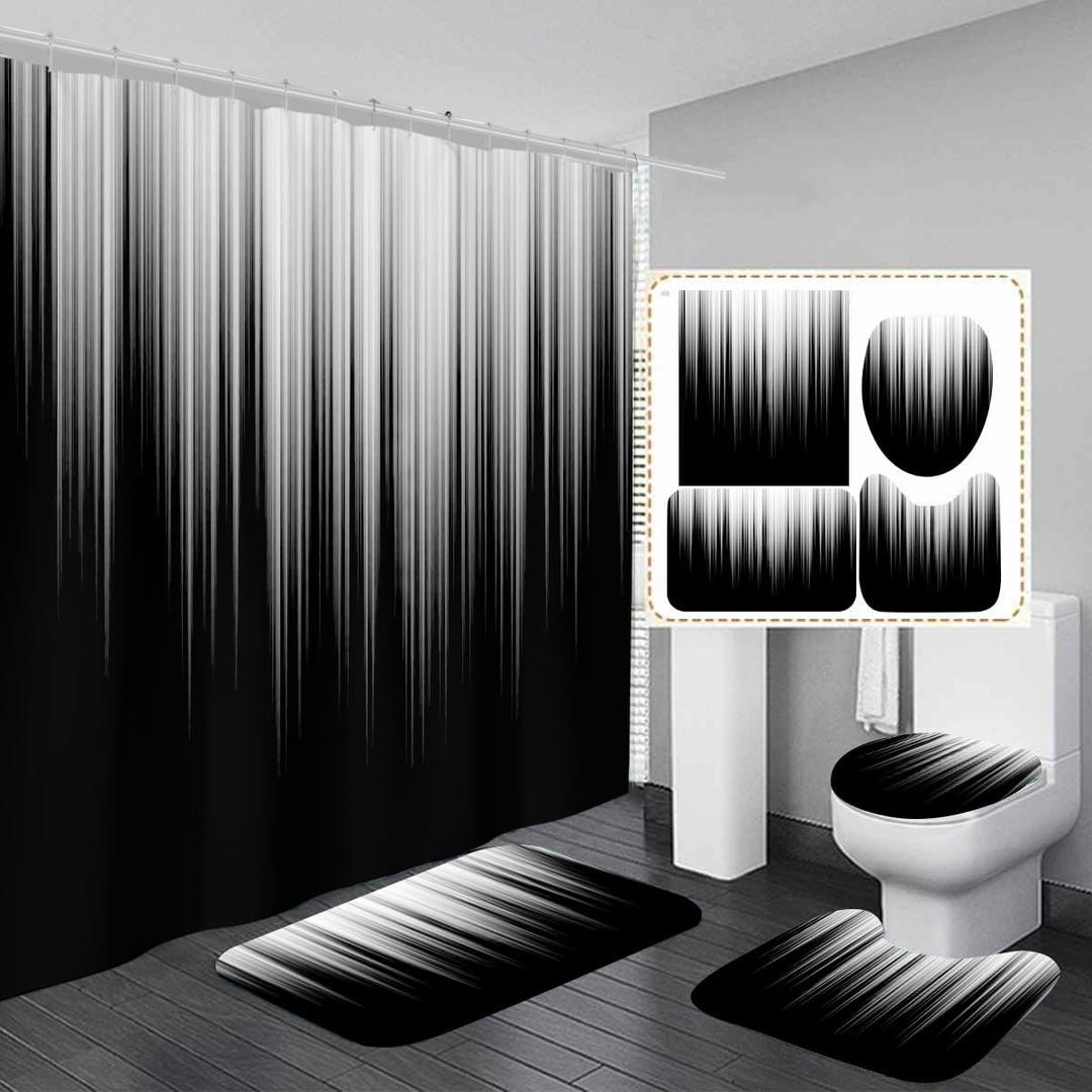 AAtter 4 Piece Black and Grey Shower Curtain Set White Gray Silver Ombre Mens Cool Gothic Trendy 60Wx72L Curtains Decor with Non-Slip Rugs, Toilet Lid Cover and Bath Mat Bathroom Accessories, Modern