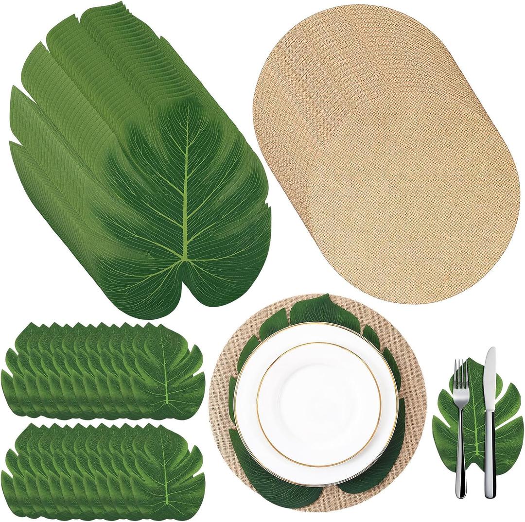 LemonRoad 72 Pcs Tropical Placemats Bulk 24 Jute Burlap Placemats 48 Palm Leaf Mats Hawaiian Coasters Waterproof Reusable Luau Party Decor for Hawaiian Summer Wedding Table Centerpieces