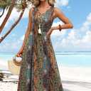 OFEEFAN Summer Dresses for Women 2026 Flowy Casual Midi Dress V Neck Beach Vacation Sundresses with Pockets (XL)