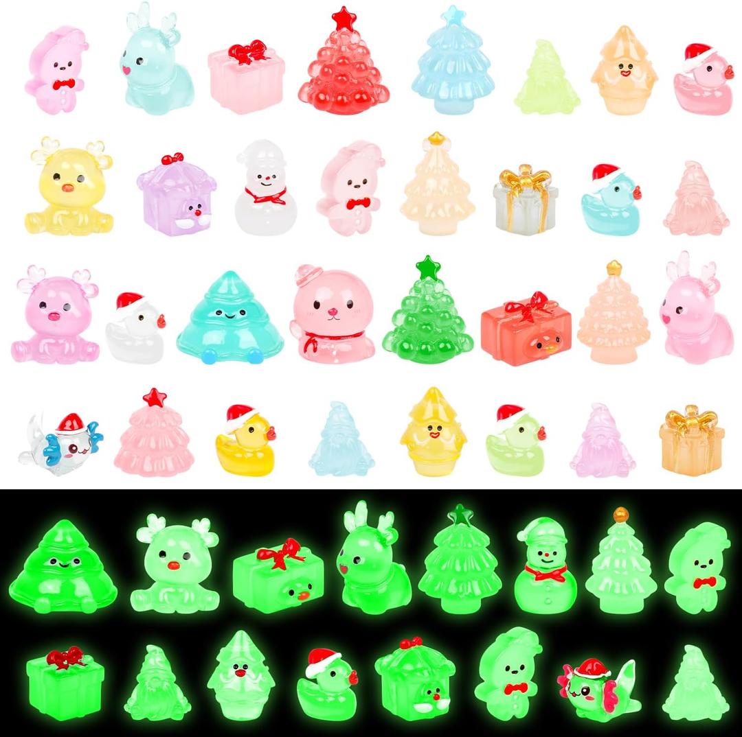 CCINEE 48pcs Mini Christmas Luminous Figurines, Glow in The Dark Tiny Resin Miniatures for Xmas Holiday Craft, DIY Craft, and Garden Decor