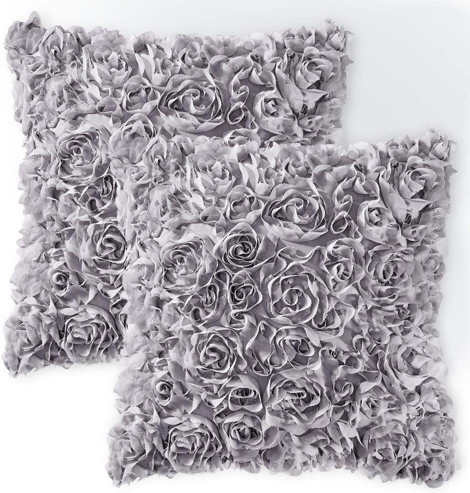 MIULEE Pack of 2 3D Decorative Romantic Stereo Chiffon Rose Flower Pillow Covers Solid Square Pillowcases for Valentines Day Decoration Sofa Bedroom Car 16x16 Inch 40x40cm Grey Wedding