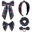 DEEKA 5 Styles Uniform Plaid Long Tail Hair Bows Knotted Headband Scrunchies Bow Set Alligator Clips Back to School Accessories for Toddler Little School Girls (Dark Navy & Red 5 Styles)