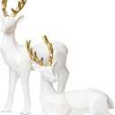 KI Store Set of 2 White Deer Figurines with Gold Antlers 12-Inch Resin Standing and Sitting Deer Figures Reindeer Decorations for Christmas Decor Display