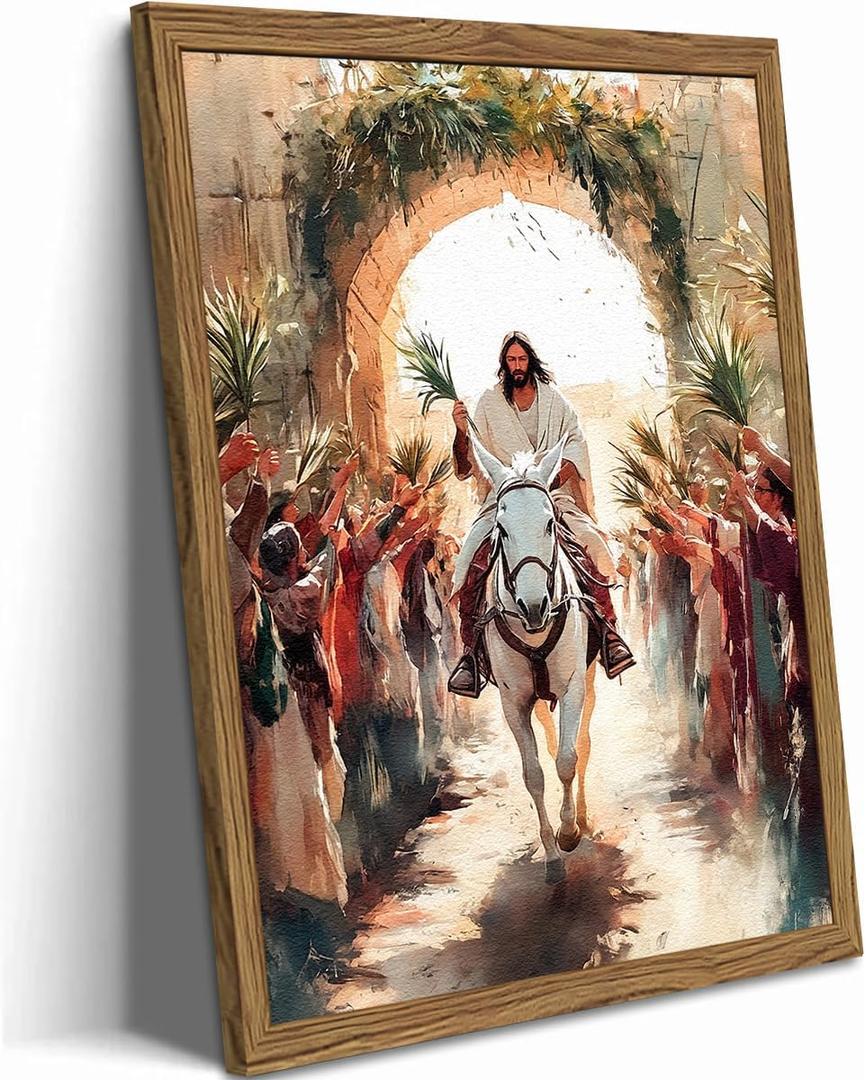 Jesus Triumph Wall Art Spiritual Jesus Palm Sunday Wall Decor Painting Christian Triumphal Religious Artwork 3D Textured Hand Drawn Sandstone for Bedroom Living Prayer Room 12x16 inch Wood Framed