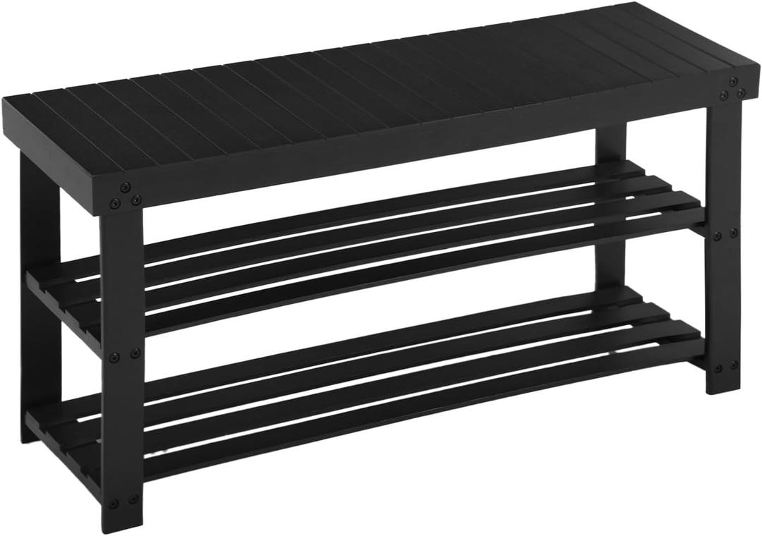 Apicizon Bamboo Shoe Rack for Entryway, 3-Tier Shoe Rack Bench for Front Indoor Entrance, Small Shoe Organizer with Storage, 35.4 Inches, Black, 35.4 Inches No Cushion