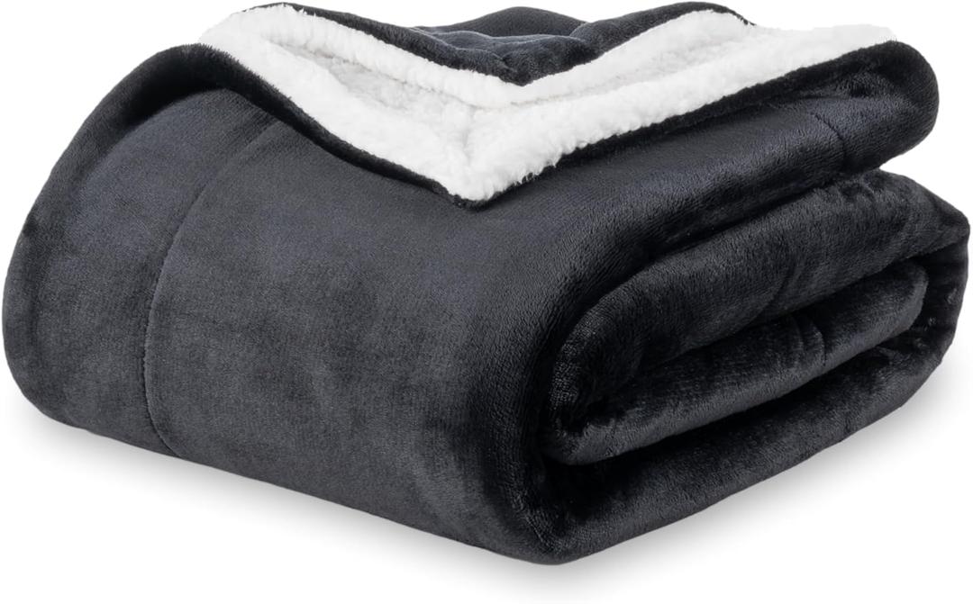 Berkshire Blanket-Sherpa Throw Blanket, Warm and Soft Loftmink Reversible Throw for Couch, Sofa and Travel, Black, 50 in x 60 in