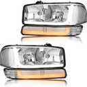 LED DRL Headlight, Headlights Replacement Compatible with 1999 2000 2001 2002 2003 2004 2005 2006 2007 GMC Sierra, Fit 1999-2006 GMC Yukon Headlamp Assembly Kit Chrome Housing Clear Reflector
