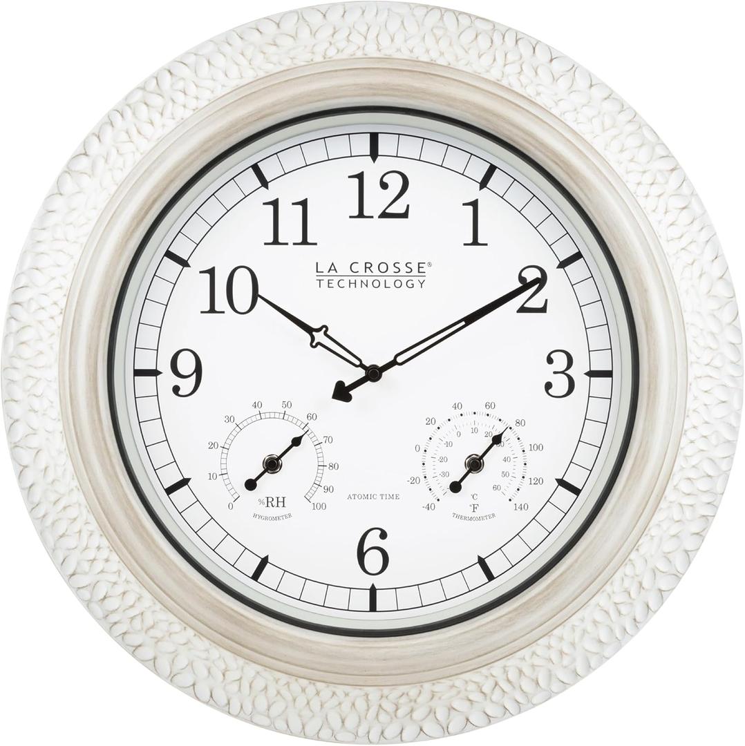 La Crosse Technology 433-29917-INT 21" Indoor/Outdoor Atomic Analog White-Washed Hammered Metal Wall Clock