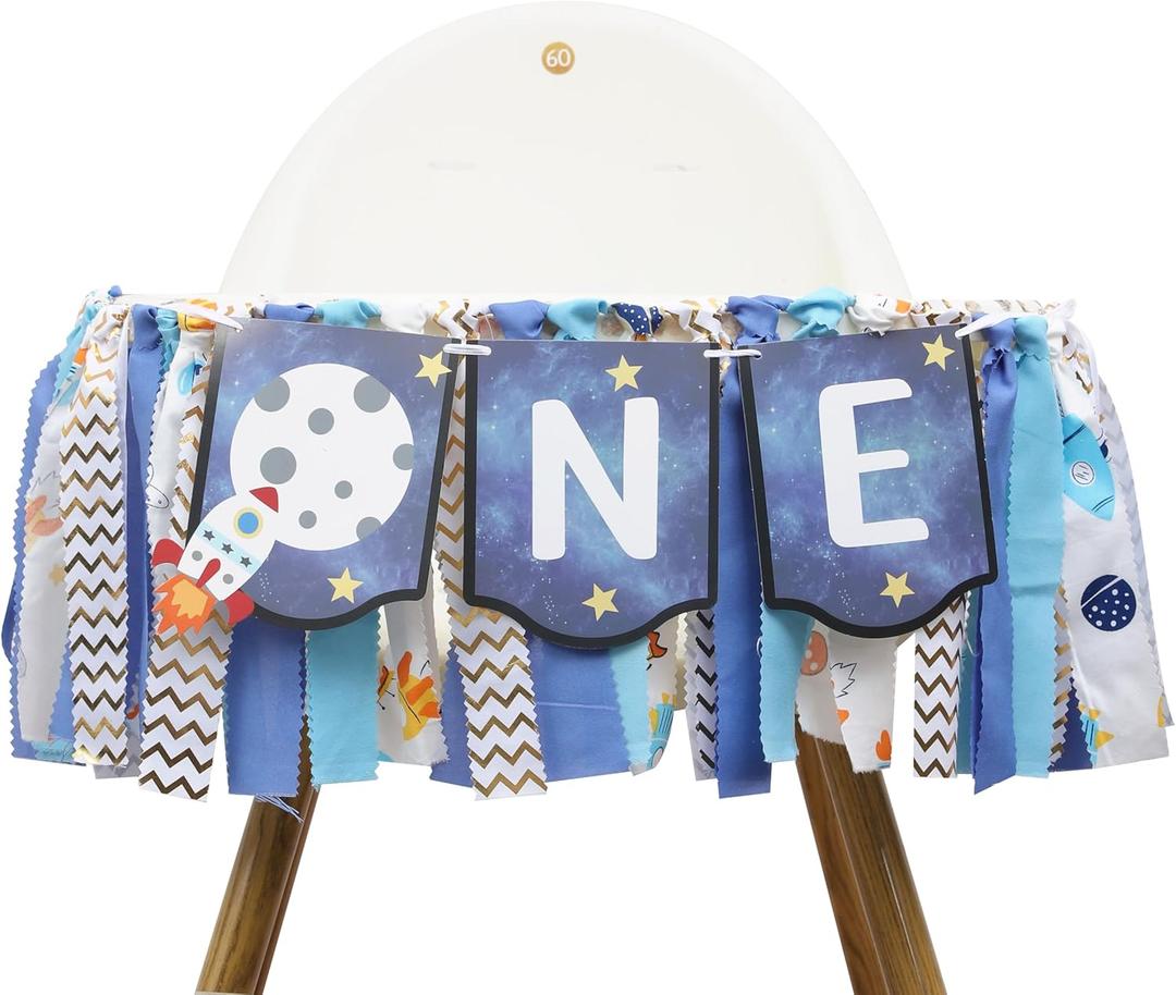 Outer Space High Chair Banner - Planets Astronaut Rocket 1st Birthday Decorations, Space First High Chair One Banner Party Decor, First Trip Around Sun
