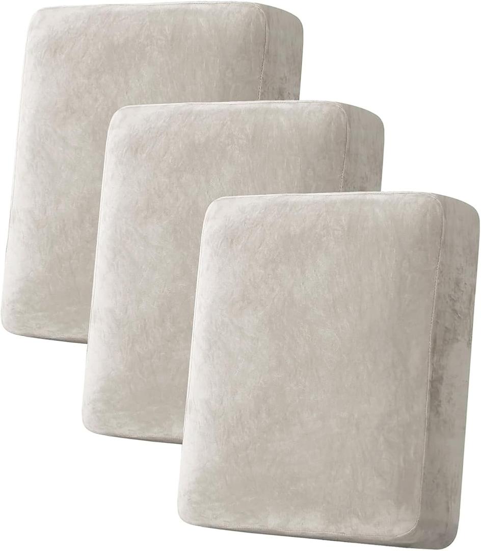 H.VERSAILTEX Velvet Stretch Couch Cushion Cover Plush Cushion Slipcover for Chair Loveseat Sofa Cushion Furniture Protector Seat Cushion Sofa Cover (3 Piece Sofa Cushion Covers, Oatmeal)