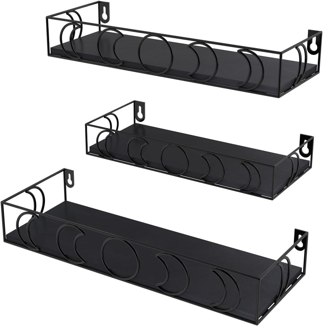 PHAREGE Moon Phase Floating Shelves Black, Set of 3 Small Decorative Wall Shelves for Book Plant Storage, Crystal Figurine Collectibles Display Shelf for Bedroom Kid Room