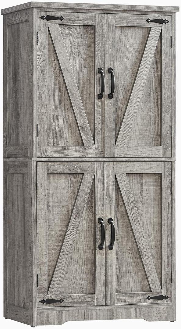 TEENFON Farmhouse Storage Cabinet with 2 Adjustable Shelves, Bathroom Cabinet with 4 Doors, Cupboard for Kitchen, Living Room, Rustic Gray